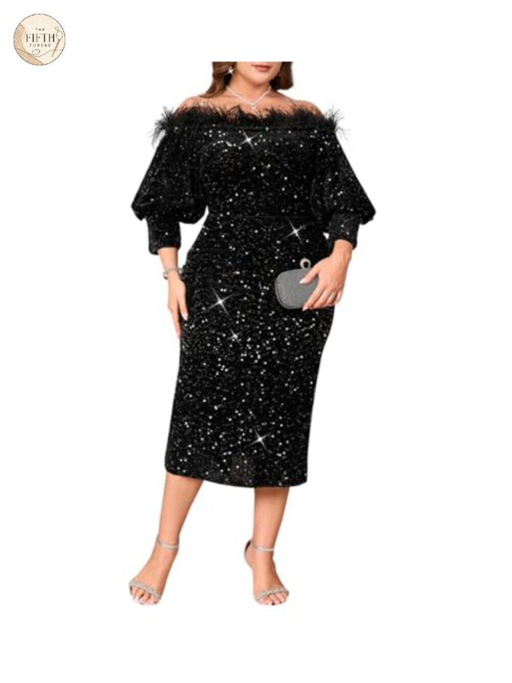 Sequin Off Shoulder Puff Sleeve Bodycon Midi Dress Formal Cocktail Party